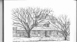 Detailed pencil drawing of Nicolaus Zink’s historic stone home in Kendall County, Texas, framed by leafless trees.