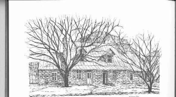 Zink House Pencil Drawing - the Kendall Gentleman Detailed Pencil Drawing of Nicolaus Zink’s Historic Stone Home in Kendall County, Texas, Framed by Leafless Trees.