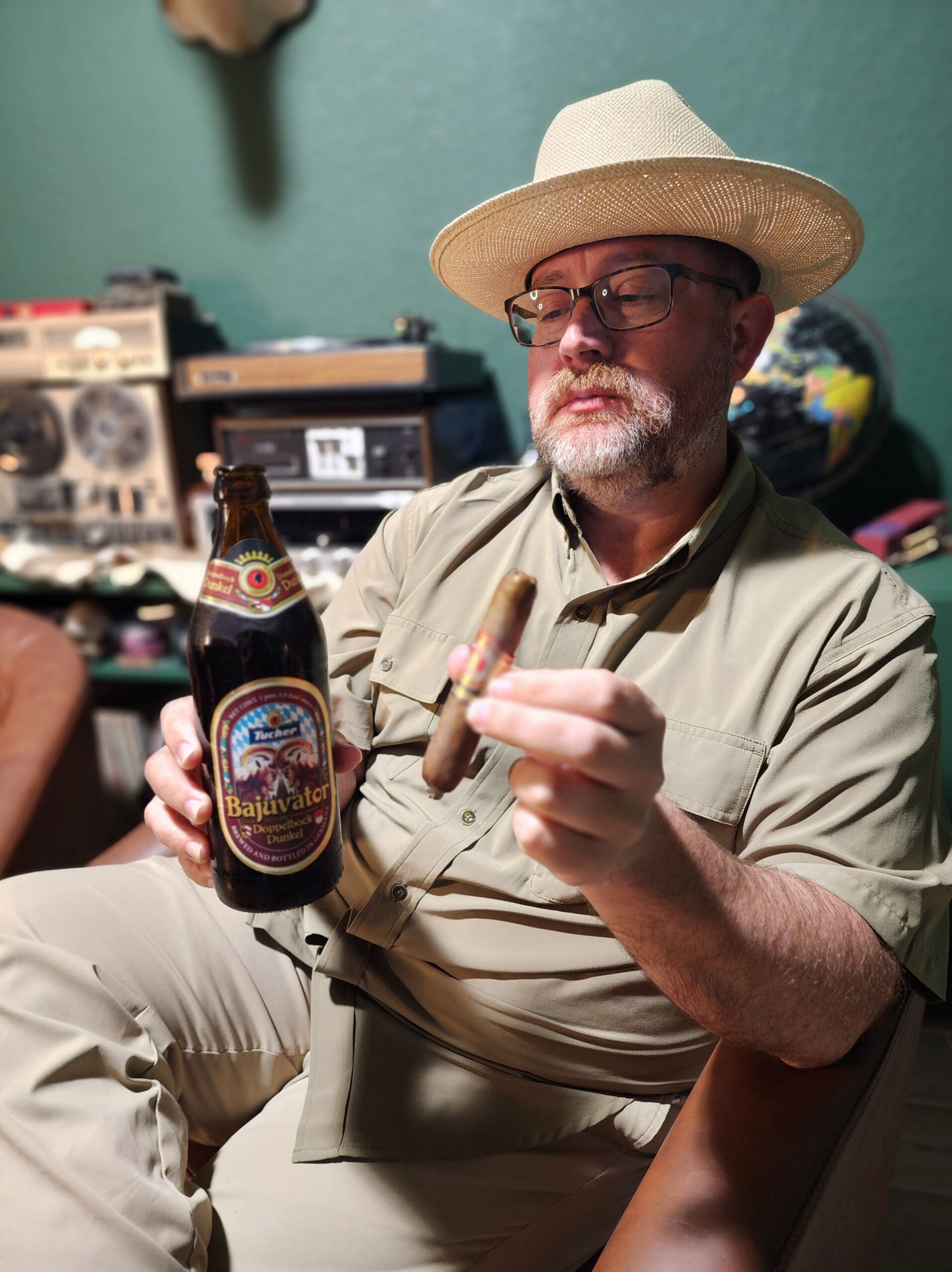 Clay Smoot, Cigar Reviewer for the Kendall Gentleman, Relaxes with a Bajuvator Doppelbock Beer and an Arturo Fuente Hemingway Short Story Cigar in Hand.