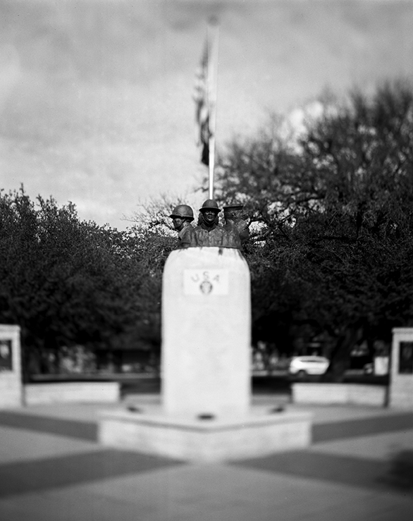 Black-and-white Photo of the Veteran’s Park Monument in Boerne, Texas, Honoring Local Soldiers with Statues of World War Ii Servicemen.