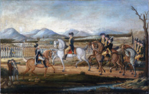 Painting of President George Washington on horseback leading troops during the Whiskey Rebellion of 1794, symbolizing America’s early struggle for order and liberty.