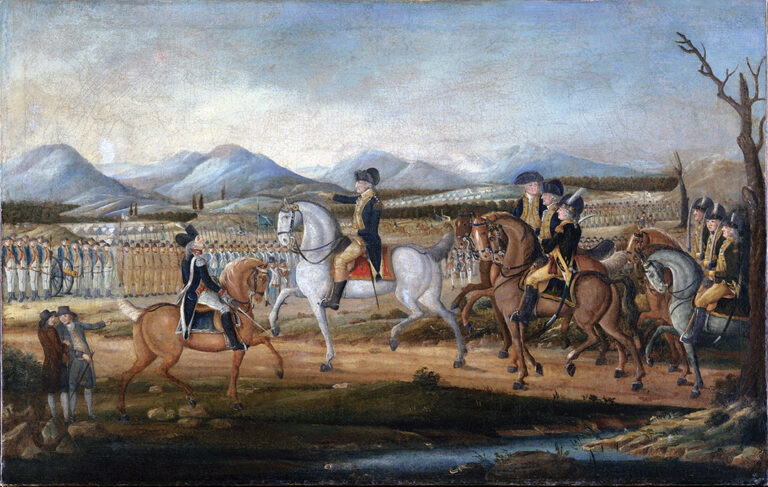 Painting of President George Washington on Horseback Leading Troops During the Whiskey Rebellion of 1794, Symbolizing America’s Early Struggle for Order and Liberty.