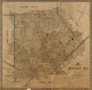 Historic cadastral map of Kendall County, Texas showing early land grants around Boerne and surrounding communities.