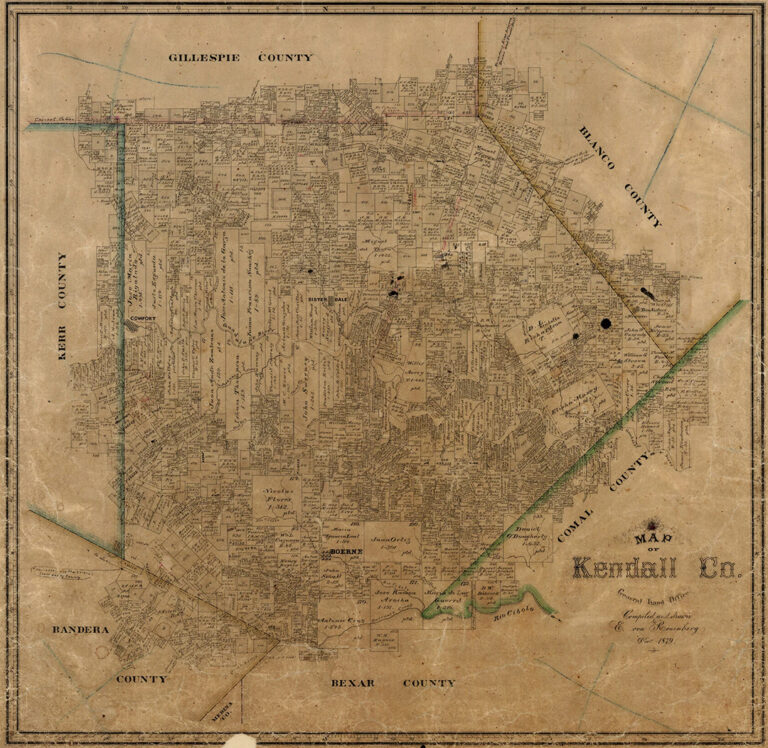 Historic Cadastral Map of Kendall County, Texas Showing Early Land Grants Around Boerne and Surrounding Communities.