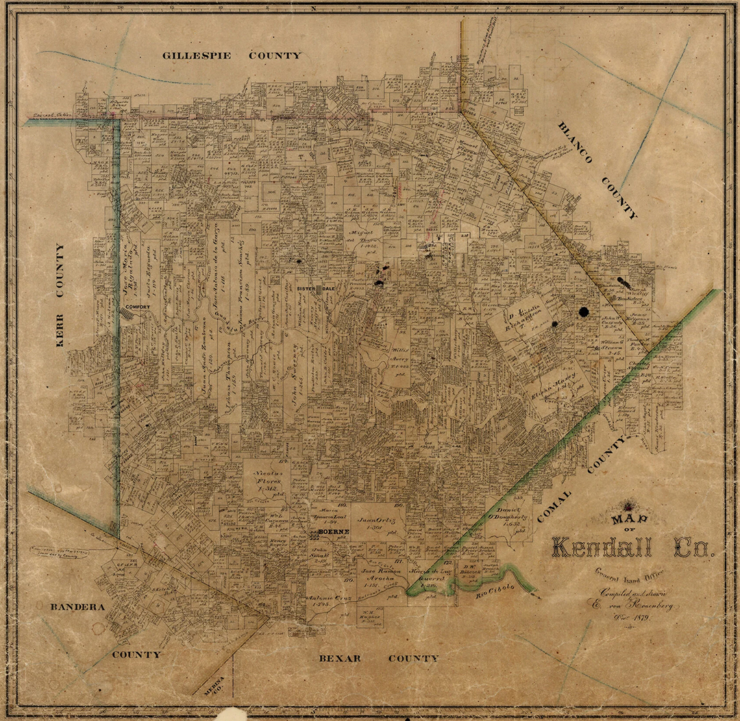 Historic Cadastral Map of Kendall County, Texas Showing Early Land Grants Around Boerne and Surrounding Communities.