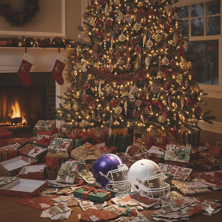 Christmas Tree with Gifts and Two Football Helmets Beneath It, Symbolizing Childhood Memories, Family, and the Meaning of Christmas.