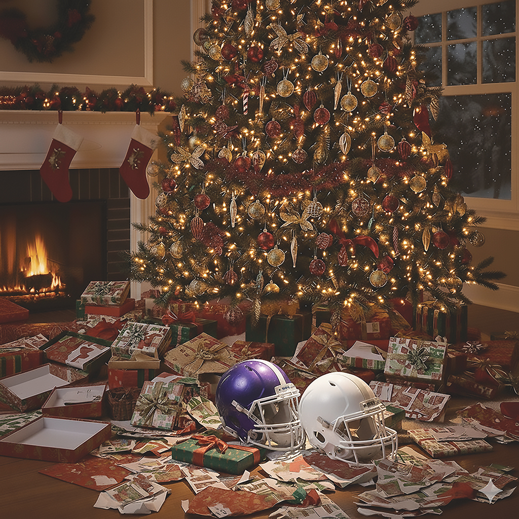 Christmas Tree with Gifts and Two Football Helmets Beneath It, Symbolizing Childhood Memories, Family, and the Meaning of Christmas.