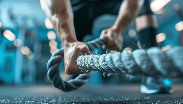 Man Gripping Battle Ropes During a Low, Disciplined Workout in a Gym Setting