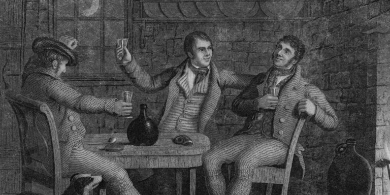 19th Century Illustration of Men Drinking Whiskey Indoors During Early American Distilling Era