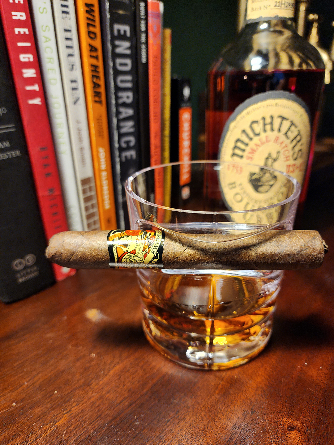 Deadwood Sweet Jane Cigar Resting on a Glass of Michter’s Small Batch Bourbon During a February Cigar Review