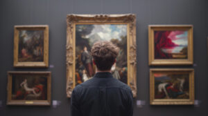 man standing in an art gallery reflecting on personal growth and perspective