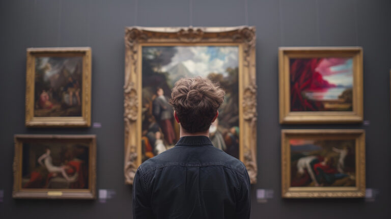 Man Standing in an Art Gallery Reflecting on Personal Growth and Perspective
