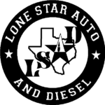 Circular Logo for Lone Star Auto and Diesel, with Texas Outline and Central Star, Surrounded by the Text 'lone Star Auto and Diesel'.
