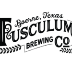 Logo for Tusculum Brewing Co., Boerne, Texas, with Decorative Black Typography and Leaf Accents.