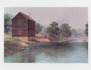 Painting of the Dietert mill, a two-story wooden building on a stone foundation beside Cibolo Creek, circa 1860