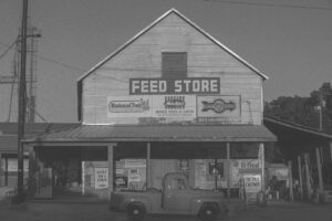 Black-and-white photo of an old feed store with a vintage pickup truck parked in front