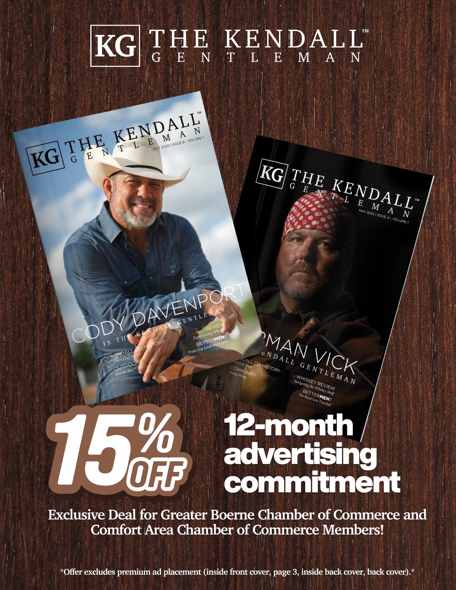 The Kendall Gentleman ad offering Greater Boerne and Comfort Area chamber members 15% off a 12-month advertising commitment